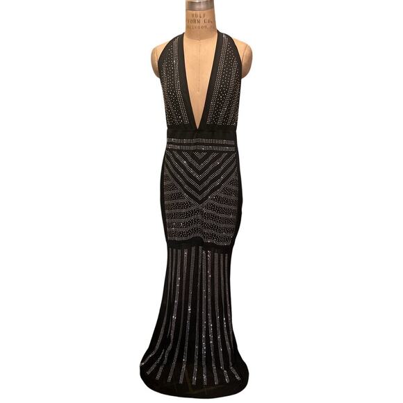 Black Halter Top Deep V-Neck Open Back Sheer Rhinestone Long Dress Size XXXL - Picture 3 of 13